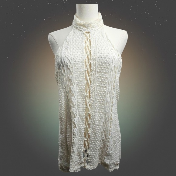 BKE Tops - BKE Gimmicks Boho Crochet Halter Top Large Ivory Lace Cutout Festival Tank